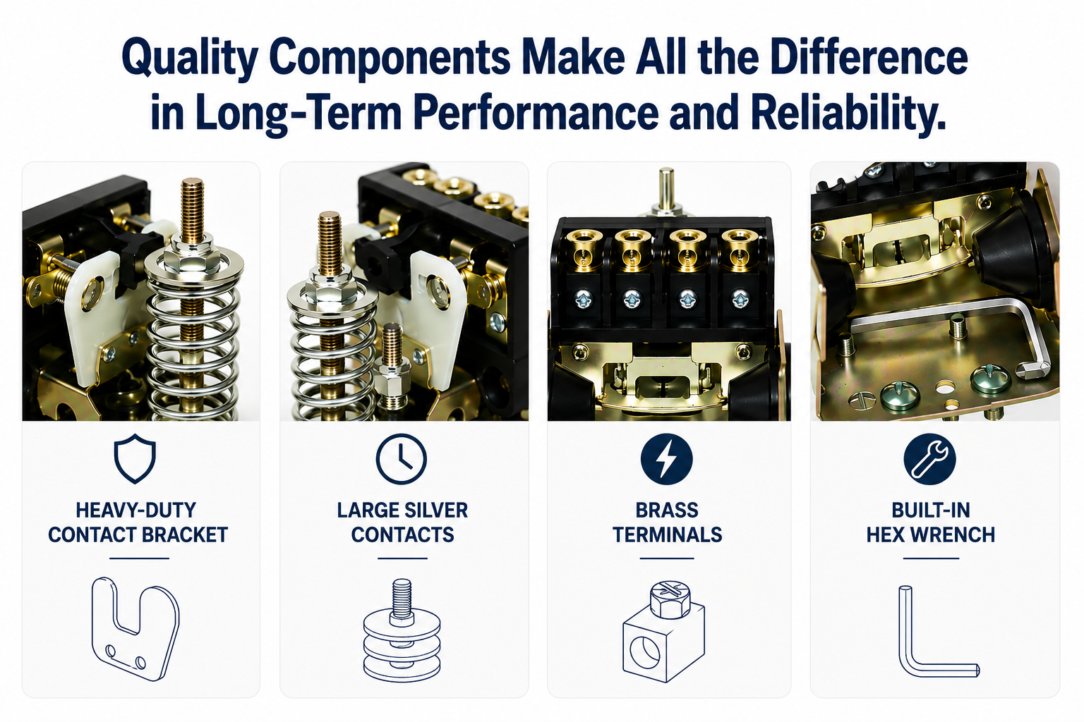 Quality components of a Merrill pressure switch: heavy-duty contact bracket, large silver contacts, brass terminals, and built-in hex wrench