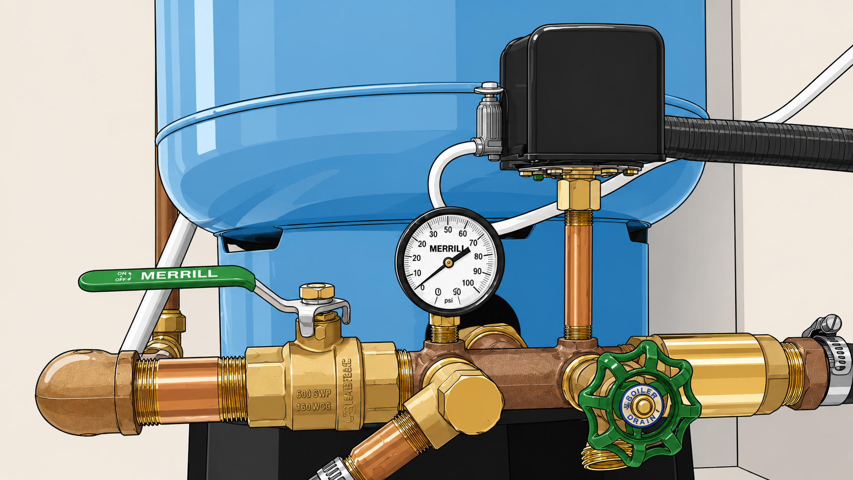 Well water system with a pressure tank, pressure gauge, and a Merrill pressure switch controlling the pump