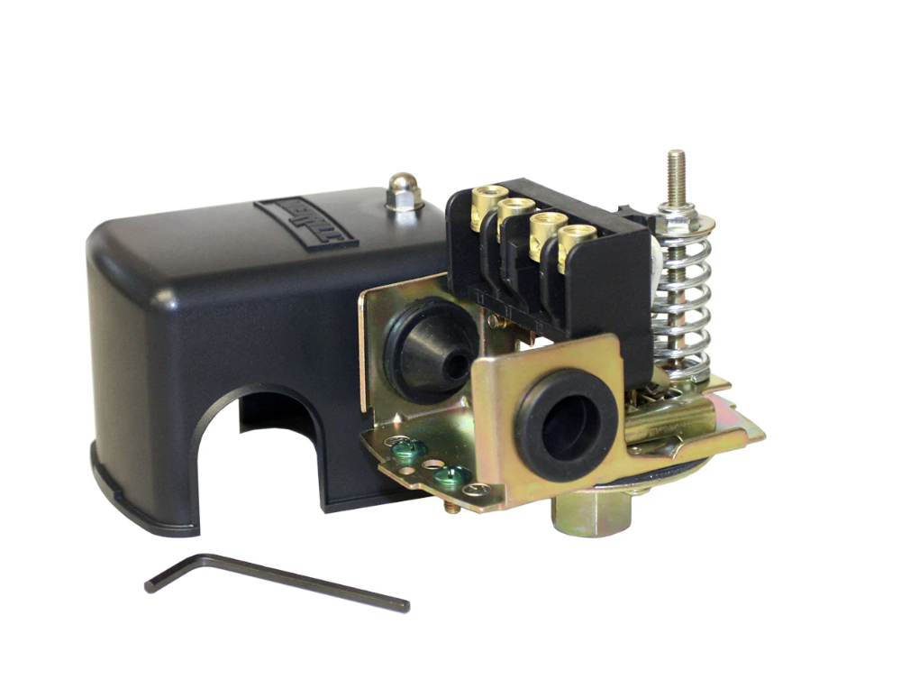 Merrill pressure switch with the cover removed, showing internal springs and electrical contacts