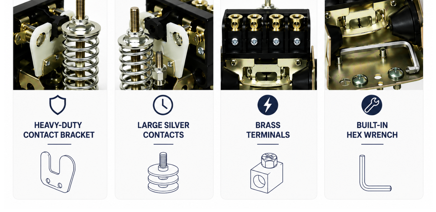 Quality components of a Merrill pressure switch: heavy-duty contact bracket, large silver contacts, brass terminals, and built-in hex wrench